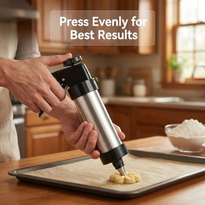 QWORK Stainless Steel Cookie Press Kit – 13 Discs & 8 Tips for Soft Dough, Frosting & Baking Decor
