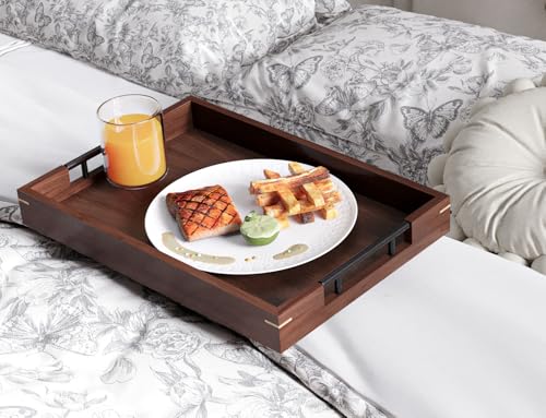Fibogollo Walnut Wood Set of 2 Serving Tray with Metal Handles,Ottoman Decorative Trays Platter for Coffee Table,Living Room,Bar