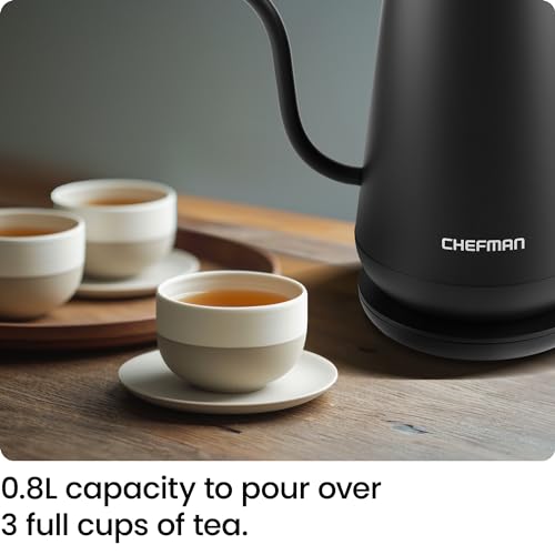 Chefman Gooseneck Electric Kettle, 0.8L Pour Over Tea Kettle for Coffee and Tea, One-Touch Operation, Boil-Dry Protection, Auto Shut-Off, Ultra-Fast Hot Water Boiler – Black