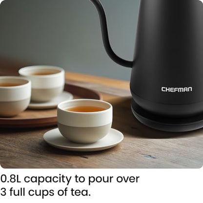 Chefman Gooseneck Electric Kettle, 0.8L Pour Over Tea Kettle for Coffee and Tea, One-Touch Operation, Boil-Dry Protection, Auto Shut-Off, Ultra-Fast Hot Water Boiler – Black