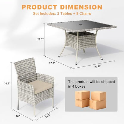 Muphyers 10-Piece Patio Dining Set, Patio Furniture Set with Square Tempered Glass Table & 8 Wicker Chairs, Expandable Design for Larger Groups, Outdoor Furniture for Backyard, Deck, Garden, Beige