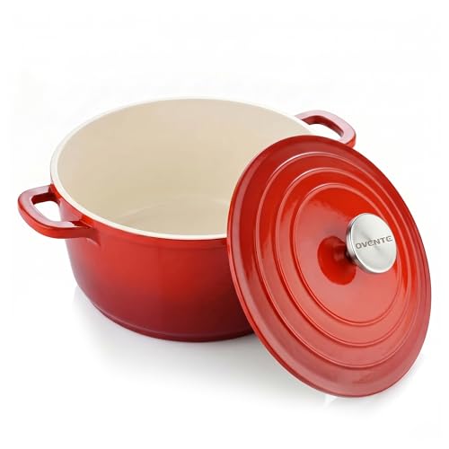 OVENTE Dutch Oven Pot with Lid, 4.6 Quart Aluminum Non-Stick Coated Cookware for Sourdough Bread Baking, Braising, Cooking Soups and More, Oven and Dishwasher Safe, Works on All Stovetops, Red DOA546R