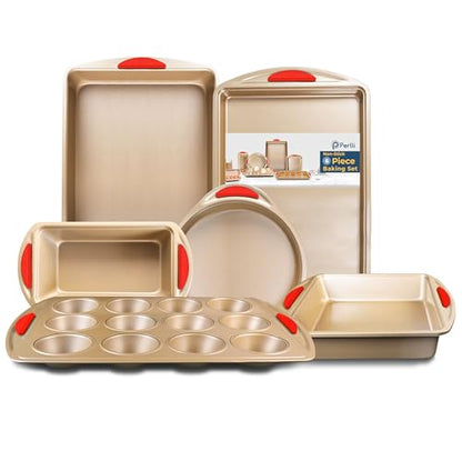 Perlli Baking Kit: Nonstick Gold Steel Oven Set - 6 Pieces, Round Cake Pan, Loaf Pan, Square Pan, Muffin Pan, Cookie Sheet, Roaster - Silicone Handles