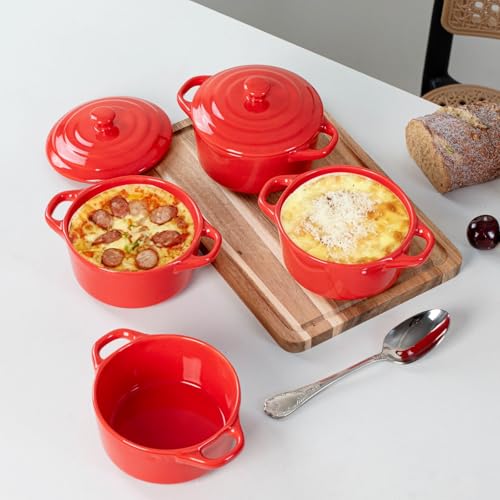Mini Cocotte Set of 4, 15 oz Ceramic Mini Dutch Ovens with Lids and Handles, Small Casserole Dishes for Baking, Soufflé and Baked Desserts, Oven Microwave Dishwasher Safe, Red