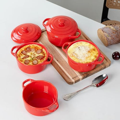 Mini Cocotte Set of 4, 15 oz Ceramic Mini Dutch Ovens with Lids and Handles, Small Casserole Dishes for Baking, Soufflé and Baked Desserts, Oven Microwave Dishwasher Safe, Red