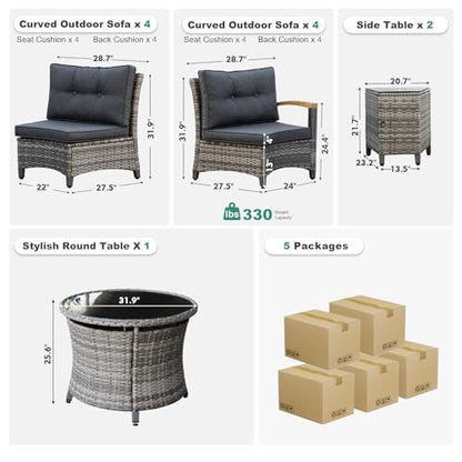 MEISSALIVVE 11 Piece Outdoor Patio Furniture Set, Half-Moon Curved Sectional Set with Wood Armrests, Patio Conversation Set for Porch,Deck,Balcony (Grey)