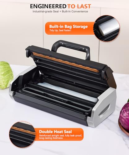 95KPa Automatic Vacuum Sealer Machine - 10-in-1 System with Double Heat Seal Technology, Easy-Lock Handle & Built-in Cutter, Includes Vacuum Roll + 15 Bags (Black）