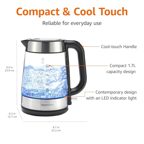 Amazon Basics Electric Kettle with Glass Carafe for Tea and Coffee, BPA-Free, Fast Boiling, Auto Shut-Off, Boil-Dry Protection, Water Level Indicator, 1.7 Liter, 1500W, Black and Silver