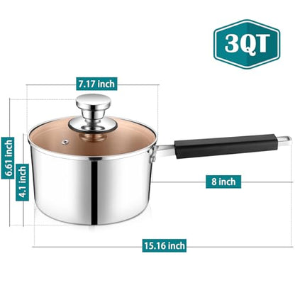 P&P CHEF 3 Quarts Sauce Pan and Pot with Lid, Tri-Ply Stainless Steel Saucepan Cookware for Induction & Multi Stoves, Heat-proof Handle & Visible Glass Lid, Dishwasher Safe