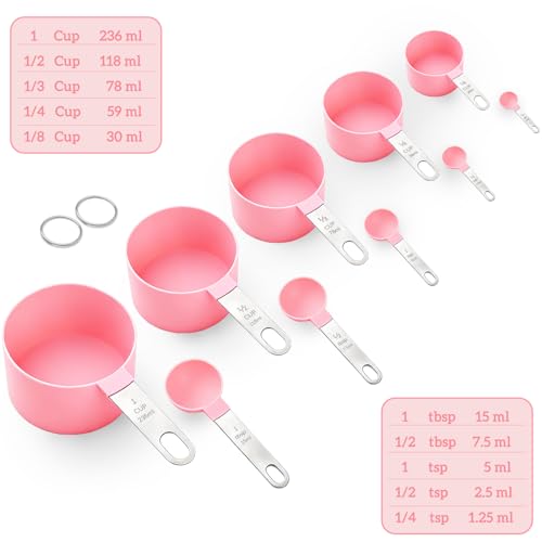 Measuring Cups and Spoons Set, 10 Pieces Stackable Measure Tools with Stainless Steel Handles, Kitchen Gadgets for Cooking & Baking (Pink)