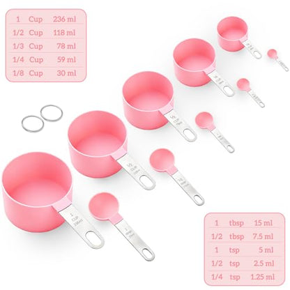 Measuring Cups and Spoons Set, 10 Pieces Stackable Measure Tools with Stainless Steel Handles, Kitchen Gadgets for Cooking & Baking (Pink)