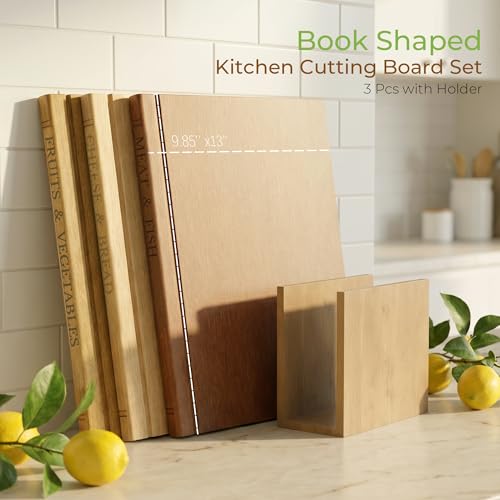 Book Cutting Board Set with Wooden Stand-Wooden Kitchen Cutting Boards That Look Like Books for Vegetables Cheese Meat,3pcs Chopping Board Gift Set for Home Cooks & Kitchen Decor