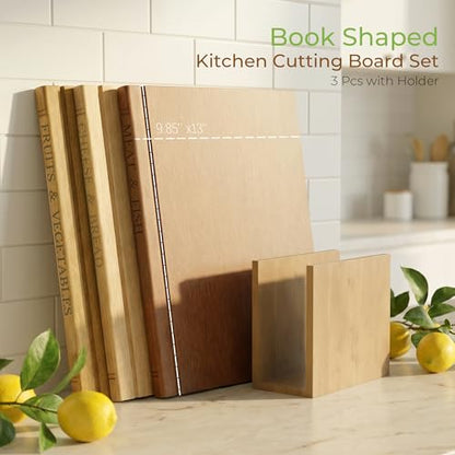 Book Cutting Board Set with Wooden Stand-Wooden Kitchen Cutting Boards That Look Like Books for Vegetables Cheese Meat,3pcs Chopping Board Gift Set for Home Cooks & Kitchen Decor
