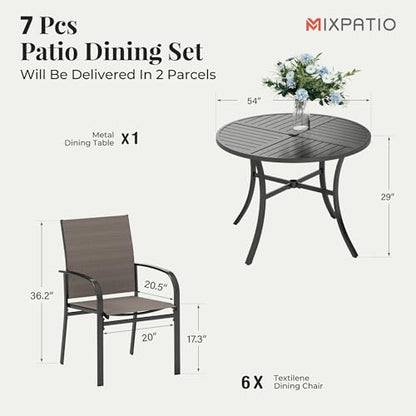 MIXPATIO 7pc Patio Dining Set, 54" Round Metal Table, 6 Textilene Chairs