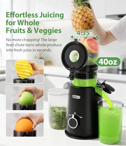 ECOSELF Cold Press Juicer - Wide Mouth Hopper for Fruits & Vegetables & Leafy Greens - Juicer Machines with Self Feeding - Hands-Free Design - Juice Extractor Machine Easy to Clean With Brush
