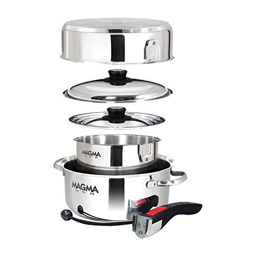 Magma 7 Piece Gourmet Nesting Stainless Steel Cookware Set with Ceramica Non-Stick, Induction Compatible, Oven Safe to 500°F - Suitable for All Stovetops, Removable Handles, Stainless Steel