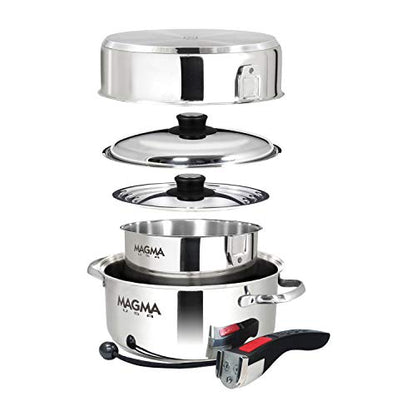 Magma 7 Piece Gourmet Nesting Stainless Steel Cookware Set with Ceramica Non-Stick, Induction Compatible, Oven Safe to 500°F - Suitable for All Stovetops, Removable Handles, Stainless Steel