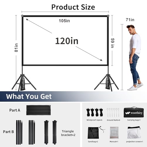 Projector Screen with Stand, Wootfairy 120 inch Portable and Foldable Indoor Outdoor Projection Screen 16:9 4K HD Rear Front Wrinkle-Free Movie Screen with Carry Bag for Home Theater Backyard Cinema