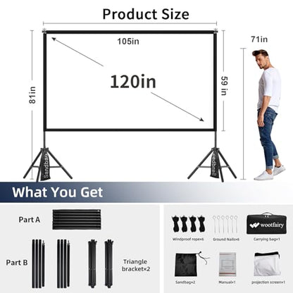 Projector Screen with Stand, Wootfairy 120 inch Portable and Foldable Indoor Outdoor Projection Screen 16:9 4K HD Rear Front Wrinkle-Free Movie Screen with Carry Bag for Home Theater Backyard Cinema