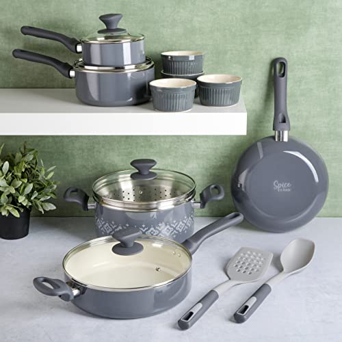 Spice by Tia Mowry Savory Saffron 16-Piece Healthy Nonstick Ceramic Cookware Set - Grey