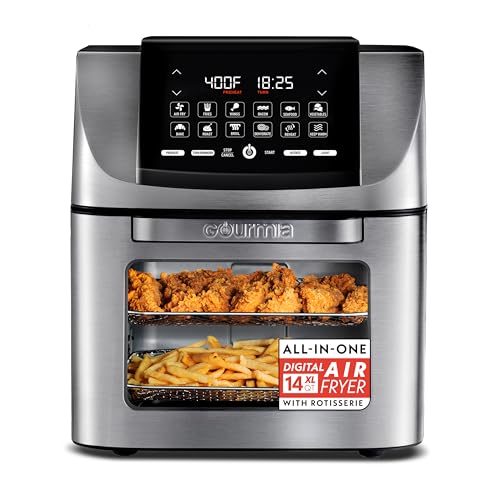 Gourmia Air Fryer - 14 Qt All-in-One Rotisserie Oven with Digital Display, 12 Presets, Roast, Bake, Broil, Dehydrate, Dishwasher Safe Accessories, Stainless Steel