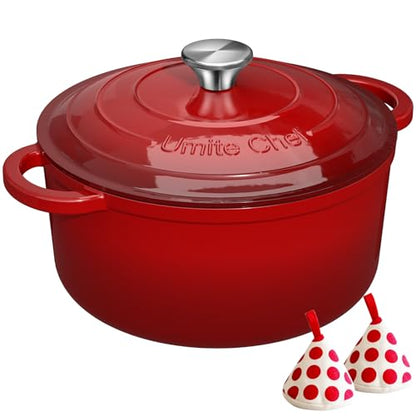 Umite Chef 7QT Enameled Cast Iron Dutch Oven with Lid & Cotton Potholders–Heavy-Duty Cookware for Bread Baking, Braising, Stews, Marinate, Cook(Red)