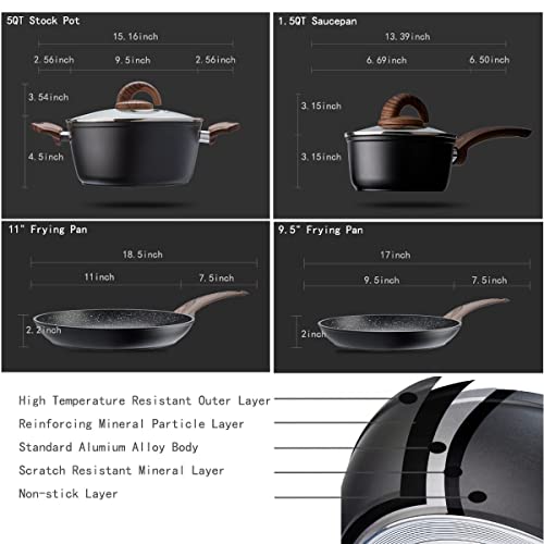 Vkoocy Pots and Pans Set Non Stick, Ceramic Cookware Set with Granite Pattern Kitchen Cooking Sets Induction Pot and Pan w/Frying Pans, Saucepans, Casserole, Non-Toxic, PTFE/PFOA/PFOS-Free, Black