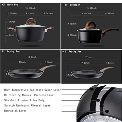 Vkoocy Pots and Pans Set Non Stick, Ceramic Cookware Set with Granite Pattern Kitchen Cooking Sets Induction Pot and Pan w/Frying Pans, Saucepans, Casserole, Non-Toxic, PTFE/PFOA/PFOS-Free, Black