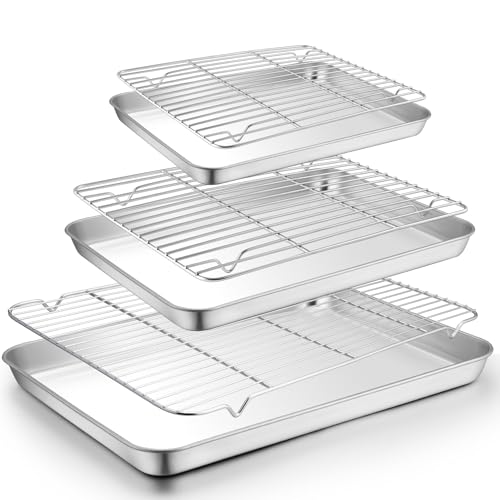 TeamFar Baking Sheet with Rack Set (3 Pans + 3 Racks), 19.6/16/12.5 Inch Stainless Steel Cookie Sheets Baking Pans Trays and Cooling Racks for Cooking Roasting, Non-Toxic & Heavy Duty, Dishwasher Safe