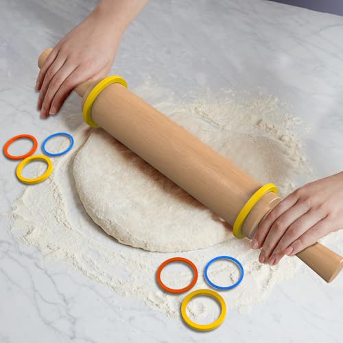 Mepple Classic Wooden Rolling Pin with Handle for Fondant, Pizza, Pies, Cookies, Pastries, Rolling Pin for Baking with 3 Multi-Color Thickness Rings, 17"x2.5" (Include handle) Beechwood Rolling Pin