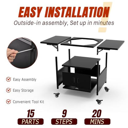 Outdoor Big Green Egg Grill Cart,Egg BBQ Grill with Dustproof Cover, 3-Duty Storage, 2 Sided Prep Table, 530Lbs&Heavy Duty Metal, Outside-in Easy assembly, Compatible with Big Green Egg,Kamado Joe