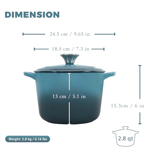 Flavehc Dutch Oven Pot with Lid 2.8 qt Cast Iron Dutch Oven for Bread Baking Slateblue Enameled Cast Iron Rice Pot with Handels