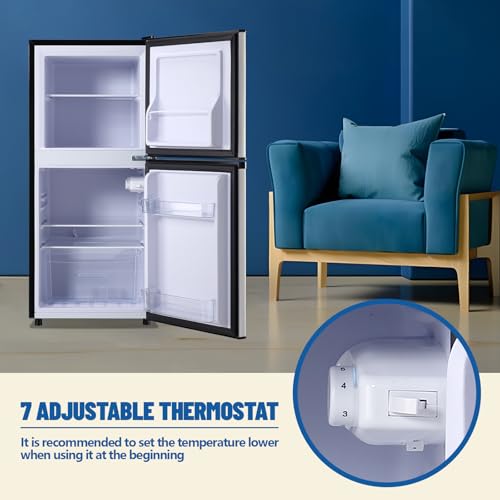 DEMULLER 3.88 CU.FT Capacity Refrigerator with Freezer Double Door Mini Fridge Small Refrigerator with 7 Adjustable Temp Control & 3 Glass Shelves for Kitchen Office Dorm Silver