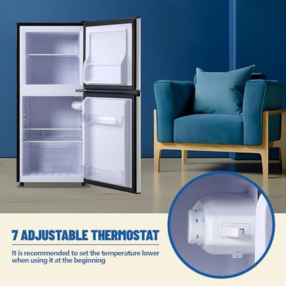 DEMULLER 3.88 CU.FT Capacity Refrigerator with Freezer Double Door Mini Fridge Small Refrigerator with 7 Adjustable Temp Control & 3 Glass Shelves for Kitchen Office Dorm Silver