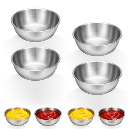 Alrhso 4 Pcs Small Stainless Steel Mixing Bowls Soy Sauce Dishes Mini Prep Bowl Individual Round Seasoning Salsa Bowls Reusable Dip Bowl for Appetizer(3.3inch, Silver)