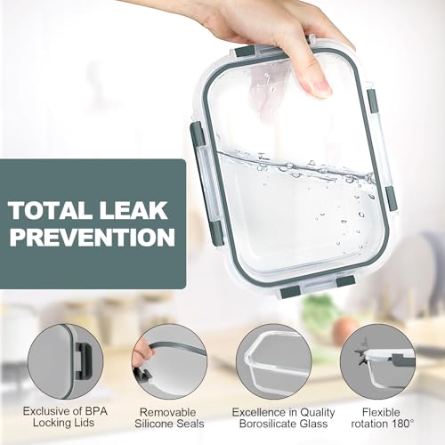 VERONES 10 Pack 22 OZ Glass Meal Prep Containers, Airtight Glass Lunch Containers Set, Glass Food Storage Containers with Lids,Exclusive of BPA, for Microwave, Oven, Freezer & Dishwasher Friendly,Grey