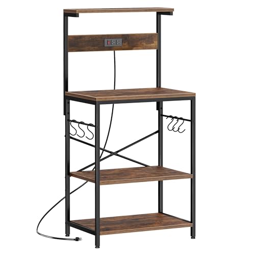 SUPERJARE Kitchen Bakers Rack with Power Outlet, Coffee Bar Table 4 Tiers, Kitchen Microwave Stand with 6 S-shaped Hooks, Storage Shelf Rack for Spices, Pots and Pans - Rustic Brown