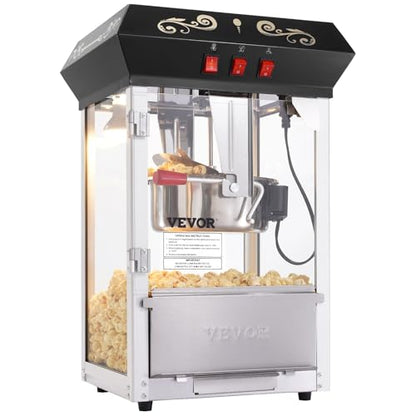 VEVOR Popcorn Maker, 850W Popcorn Popper Machine, 8 Oz Kettle Makes 48 Cups per Batch, Countertop Popcorn Maker with Tempered Glass, Includes 4 Scoops, Movie Theater Style, Black