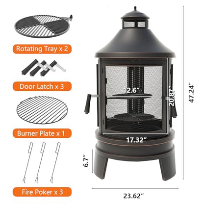 Gotland 2 in 1 Metal Chimenea with Grill, Outdoor Fire Pit with Adjustable Grill Tray 3-Door Design Spark Screen Door, Chiminea Outdoor Fireplace, Wood Stove for BBQ, Patio, Garden, Backyard