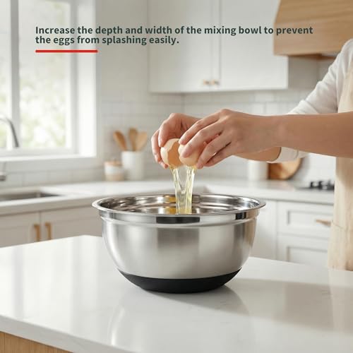 Koocovel 3-Piece Metal Mixing Bowls Set – 2.3/2.9/4.75 Qt Stainless Steel Prep Bowls with Non-Slip Silicone Base, Nesting Design & Dishwasher Safe for Baking, Meal Prep, Salad Serving & Food Storage