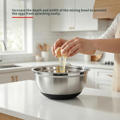 Koocovel 3-Piece Metal Mixing Bowls Set – 2.3/2.9/4.75 Qt Stainless Steel Prep Bowls with Non-Slip Silicone Base, Nesting Design & Dishwasher Safe for Baking, Meal Prep, Salad Serving & Food Storage