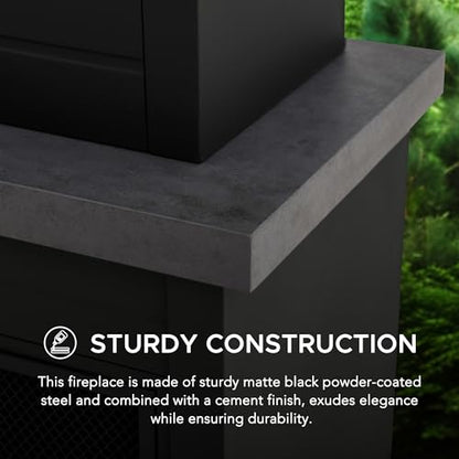 SUNJOY Outdoor Fireplace with Wood Storage and Chimney, Steel Wood Burning Firepit with Mesh Spark Screen Door, Fire Poker, Fireplace Tool & PVC Cover, for Patio Garden Deck Backyard, Black/Dark Gray