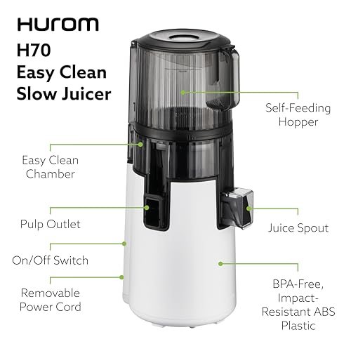 Hurom H70 Cold Press Juicer Machine, Easy to Clean Masticating Slow Juicer, Ideal Balance of Size and Function, Compact, Strainer Free, Self Feeding, Hands Free, with Wide Mouth Hopper (White)