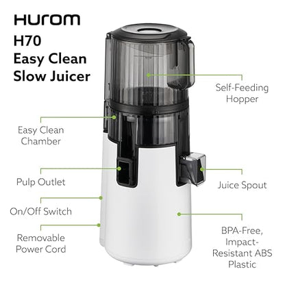 Hurom H70 Cold Press Juicer Machine, Easy to Clean Masticating Slow Juicer, Ideal Balance of Size and Function, Compact, Strainer Free, Self Feeding, Hands Free, with Wide Mouth Hopper (White)