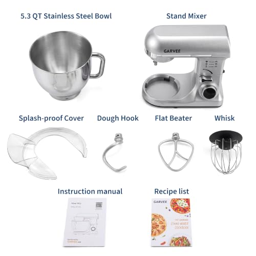Garvee 5.3 QT Tilt-Head Stand Mixer, 500W Motor, 8-Speed Electric Kitchen Mixer with Stainless Steel Bowl, Dough Hook, Flat Beater & Wire Whisk for Bread Dough, Cake, Cookies & Pizza, Silver