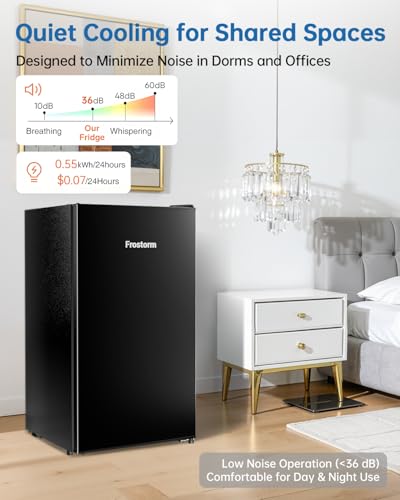 Frostorm 3.2 Cu Ft Mini Fridge with Freezer - Energy Efficient, Large Capacity Single Door Upright Freezer for Bedroom, Office & Dorm | Small Fridge, Reversible Door, ETL Certified(Black)