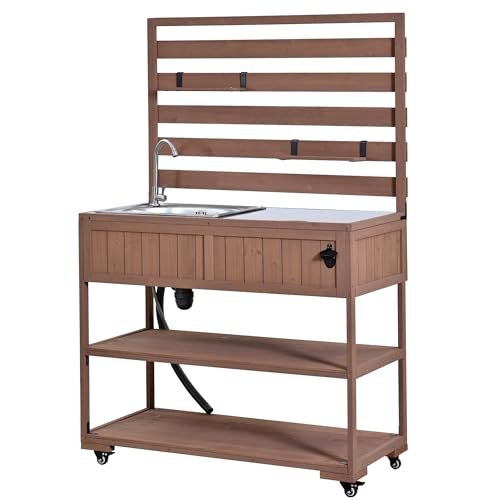 Pasirou 41.7" W Outdoor Kitchen Island with Stainless Steel Top, Garden Potting Bench with Sink, Rolling Grill Cart with 2 Movable Shelves, 1 Bottle Opener for Gardening, Grilling, Brown