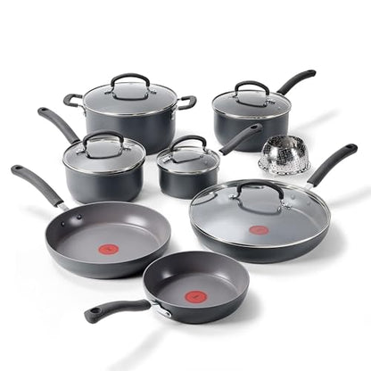 T-Fal Ultimate Hard Anodized Nonstick 13 Piece Cookware Set, Oven Safe Up to 400°F, Pots and Pans Set, Includes Frying Pans, Saucepan, Stockpot, Cooking Utensils, Stone
