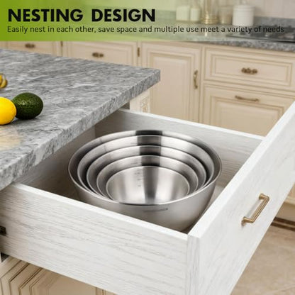 Greentainer 5-Piece Stainless Steel Mixing Bowls Set for Kitchen, Nesting Bowls with Measurement Markings for Baking, Prepping, Cooking and Serving Food, Metal Mixing Bowls Dishwasher Safe