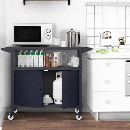 COZEER Outdoor Grill Table with Storage, Movable BBQ Grill Cart, Outdoor Kitchen Prep Station, Rolling Bar Serving Cart with Utensil Hooks, Blackstone Griddle Stand